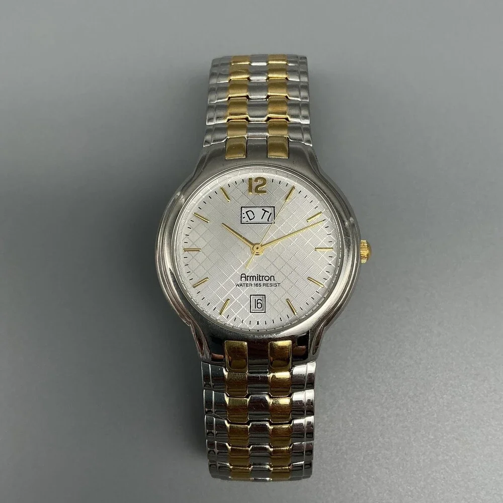 Armitron Mens Watch 35mm Silver Gold Two Tone Day Date 20/1730-1 New Battery